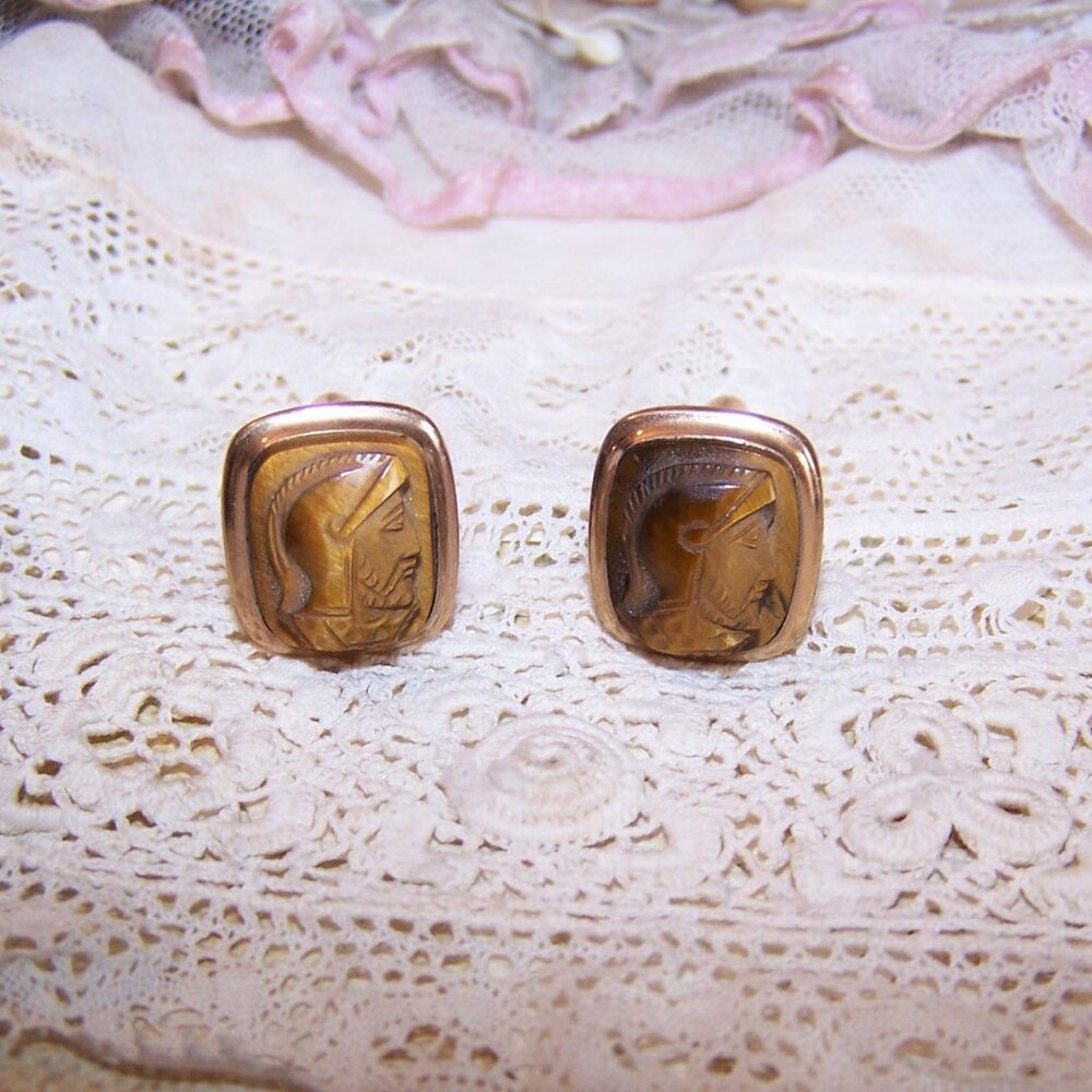 Correct Brand Gold Filled Carved Tigereye Cufflinks | Greek Soldier Cameo